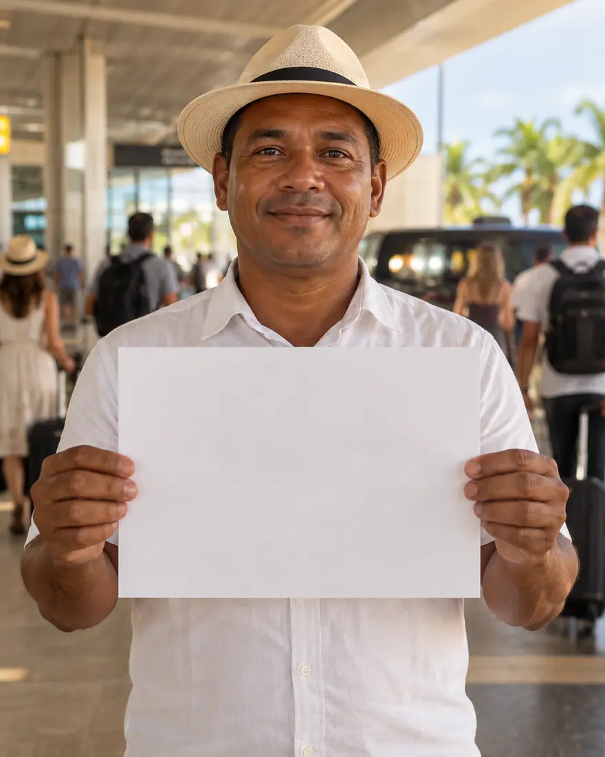 Conductor en la salida del aeropuerto sosteniendo un letrero con el nombre de la familia que recibe