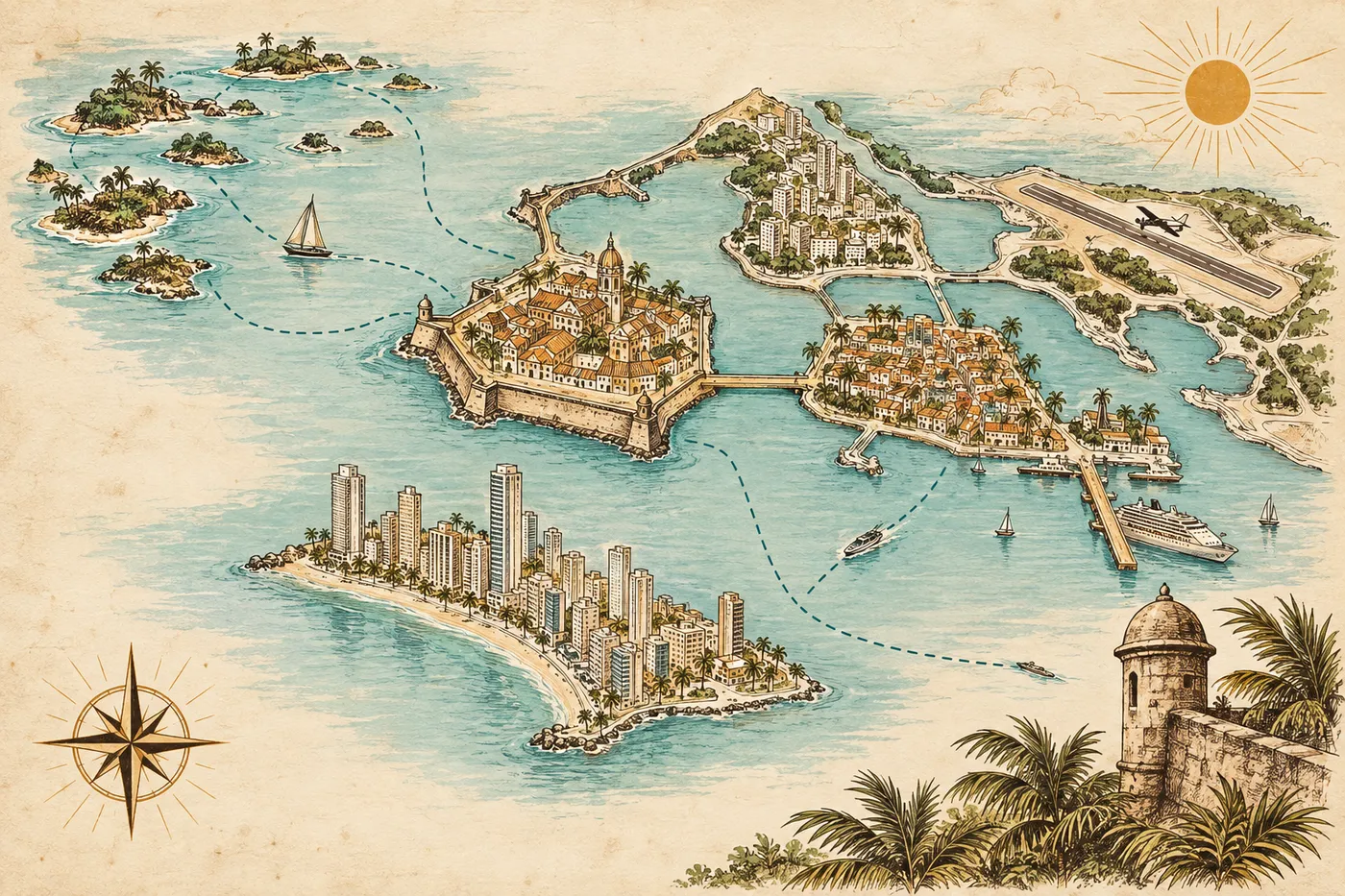 Mapa ilustrado de Cartagena con la bahía, la Ciudad Amurallada, Bocagrande y las islas.