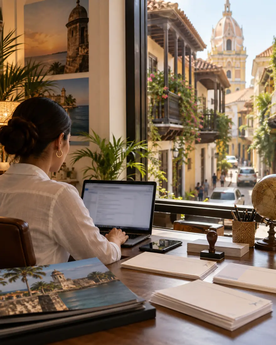 Coordinadora de una agencia de viajes revisa órdenes en su portátil junto a vouchers impresos, con balcones coloniales al fondo.